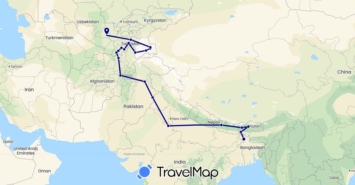 TravelMap itinerary: driving in Afghanistan, Bangladesh, Bhutan, India, Nepal, Pakistan, Tajikistan, Uzbekistan (Asia)